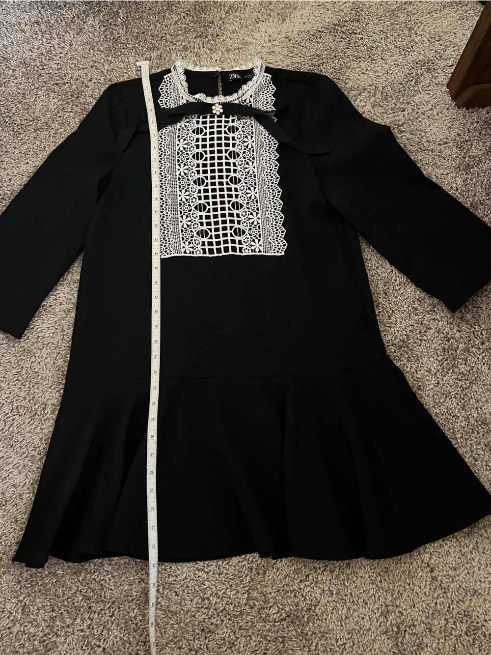Zara Black Dress with White Lace Bib and ribbon detail size small